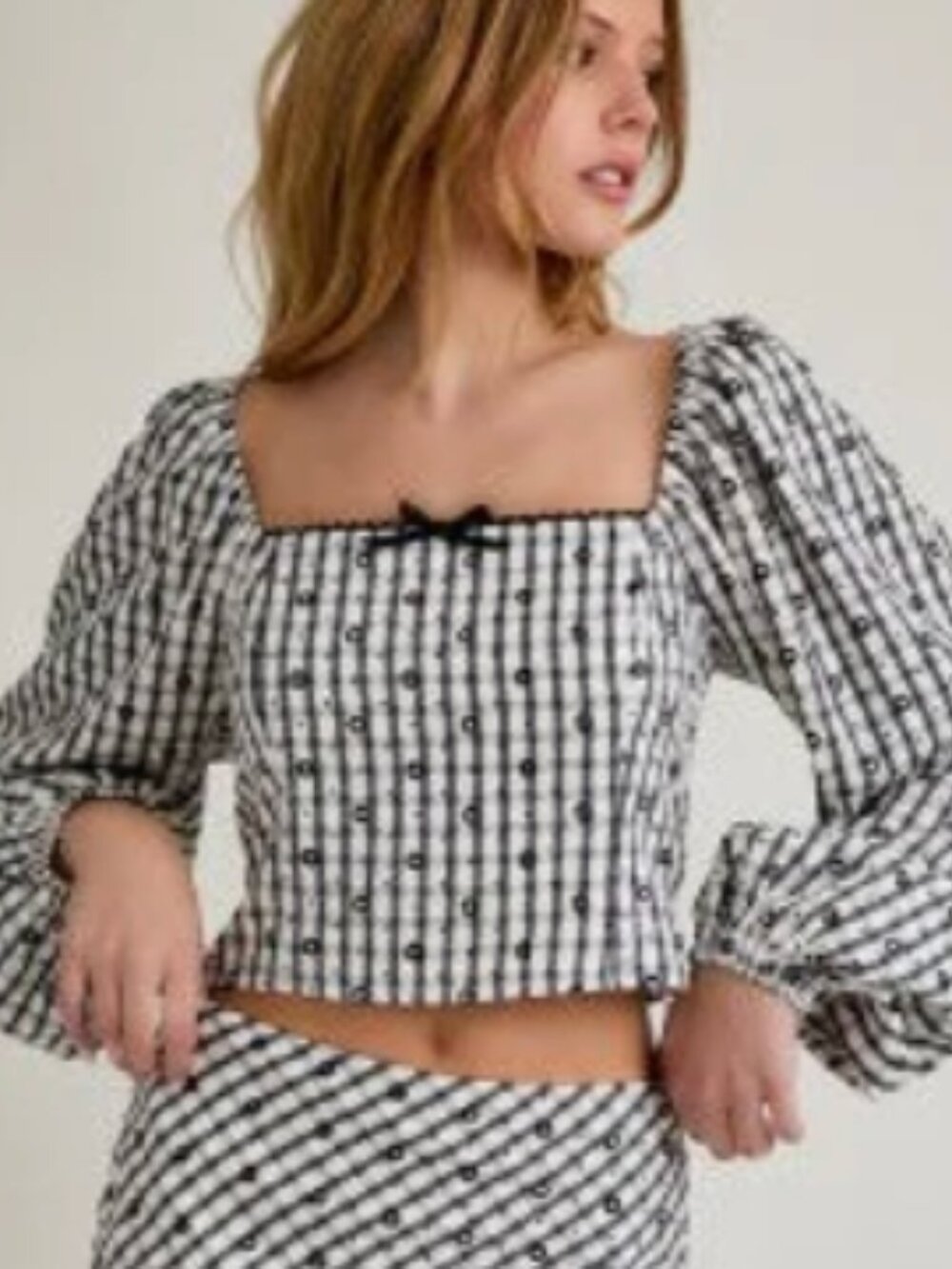 NWT LE LIS Women Large Gweneth Top Plaid Square-Neck Long Sleeve Crop Top‎